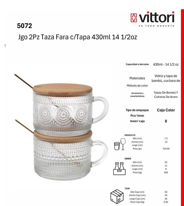 Vittori Set de 2 tazas de vidrio Fara con tapa de bambú y cuchara – 430 ml c/u