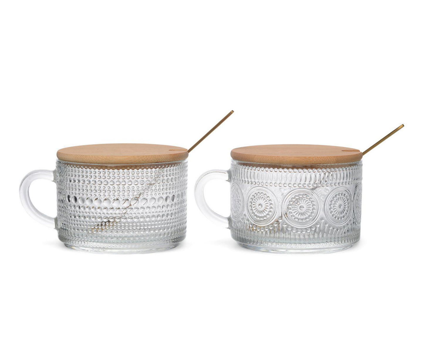Vittori Set de 2 tazas de vidrio Fara con tapa de bambú y cuchara – 430 ml c/u