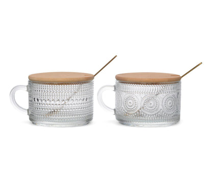 Vittori Set de 2 tazas de vidrio Fara con tapa de bambú y cuchara – 430 ml c/u