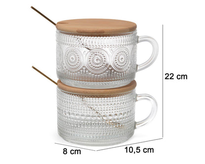 Vittori Set de 2 tazas de vidrio Fara con tapa de bambú y cuchara – 430 ml c/u